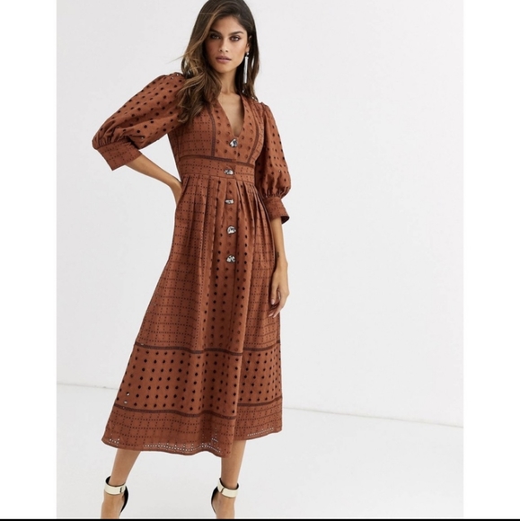 ASOS DESIGN | Button Through Broderie Midi Dress Brown Desert Bohemian New 12 - Picture 7 of 11